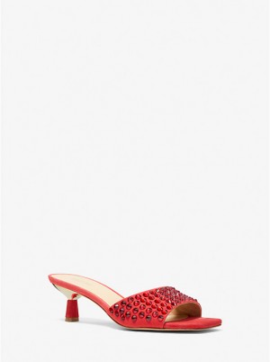 Michael Kors Amal Embellished Faux Suede Kitten Women Sandals CRIMSON | USARVB1760