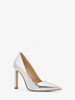 Michael Kors Amara Metallic Snake Embossed Leather Women Pumps SILVER | USANWM1736