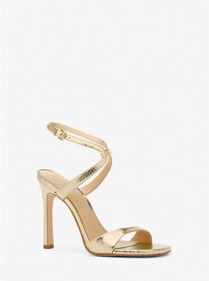 Michael Kors Amara Metallic Snake Embossed Leather Women Sandals PALE GOLD | USAQMQ1764