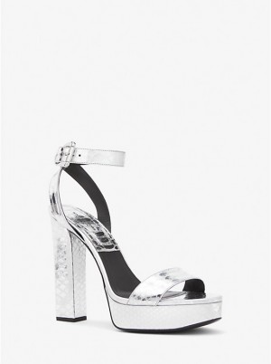 Michael Kors Anabelle Metallic Python Embossed Leather Platform Women Sandals SILVER | USARVR1767