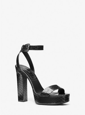 Michael Kors Anabelle Python Embossed Leather Platform Women Sandals GUNMETAL | USATCT1768