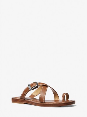 Michael Kors Ashton Leather Flat Women Sandals LUGGAGE | USASGS1775