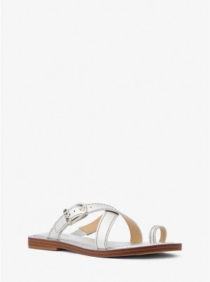 Michael Kors Ashton Metallic Leather Flat Women Sandals SILVER | USADFD1776