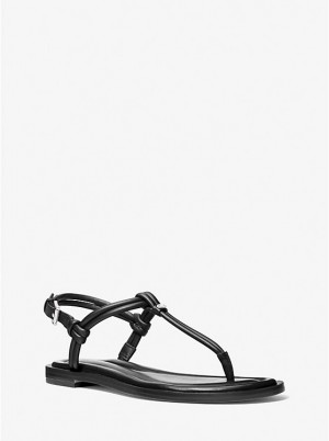 Michael Kors Astra Leather T-Strap Women Sandals BLACK | USAJPJ1780