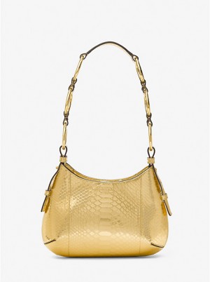 Michael Kors Bardot Mini Metallic Python Embossed Leather Hobo Women Shoulder Bag GOLD | USADFP1179