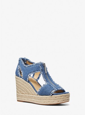 Michael Kors Berkley Frayed Denim Wedge Women Sandals DENIM | USABEB1787