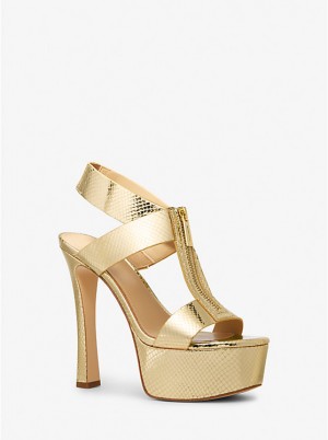 Michael Kors Berkley Metallic Snake Embossed Leather Platform Women Sandals PALE GOLD | USABEW1792