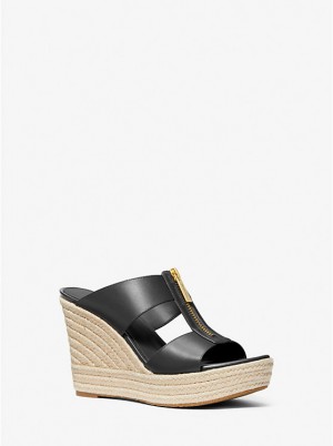 Michael Kors Bradley Leather Wedge Women Sandals BLACK | USACTR1794