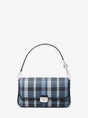 Michael Kors Bradshaw Small Woven Leather Convertible Women Shoulder Bag NAVY MULTI | USASGA1180