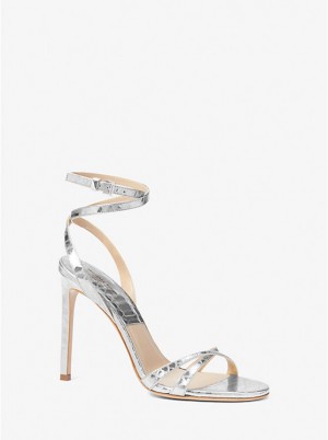 Michael Kors Chrissy Metallic Python Embossed Leather Women Sandals SILVER | USAQMM1816