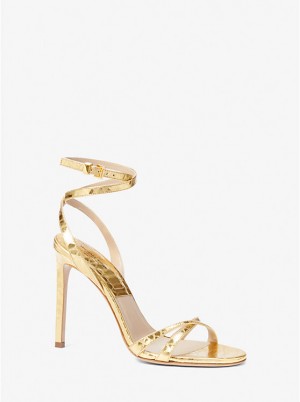 Michael Kors Chrissy Metallic Python Embossed Leather Women Sandals GOLD | USAWNM1817