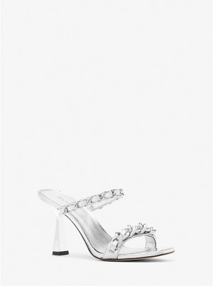 Michael Kors Clara Embellished Metallic Snake Embossed Leather Women Sandals SILVER | USAUZT1822