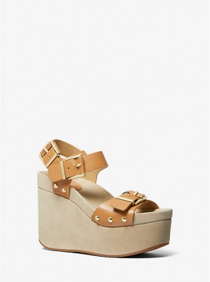 Michael Kors Colby Leather Wedge Women Sandals PALE PEANUT | USAXYL1836