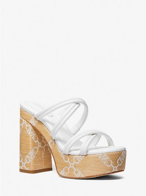 Michael Kors Corrine Empire Logo Jacquard Straw Platform Women Sandals NAT/OPTICWHT | USAMQB1841