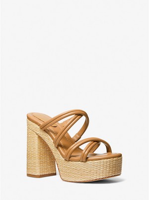 Michael Kors Corrine Leather and Straw Platform Women Sandals PALE PEANUT | USANWM1843