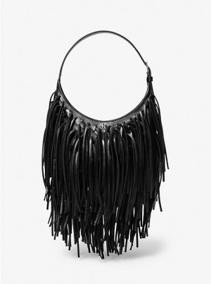 Michael Kors Dyan Small Fringed Leather Women Shoulder Bag BLACK | USADFI1204