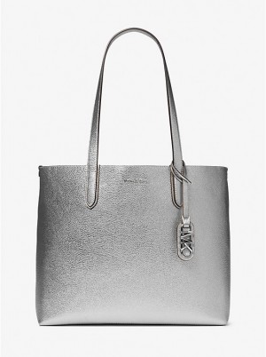 Michael Kors Eliza Extra-Large Metallic Pebbled Leather Reversible Women Tote Bag SILVER | USATCN1248