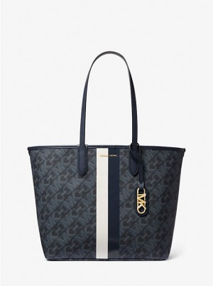 Michael Kors Eliza Large Empire Signature Logo Stripe Women Tote Bag ADMRL/PLBLUE | USAILQ1251