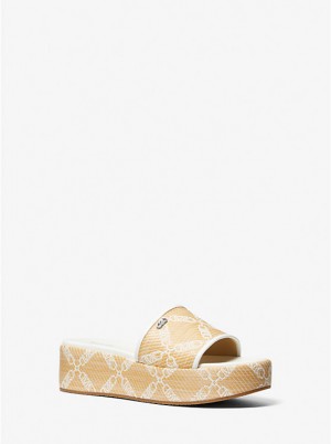 Michael Kors Ember Empire Logo Jacquard Straw Platform Women Sandals NAT/OPTICWHT | USAUZJ1861