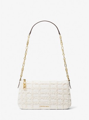 Michael Kors Empire Medium Frayed Denim Chain-Link Pochette Women Shoulder Bag OPTIC WHITE | USAKOD1209