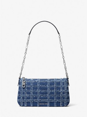 Michael Kors Empire Medium Frayed Denim Chain-Link Pochette Women Shoulder Bag DENIM | USALIF1210