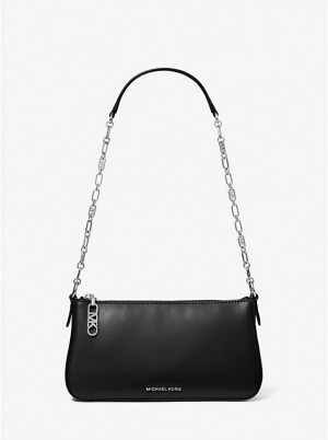 Michael Kors Empire Medium Leather Chain-Link Pochette Women Shoulder Bag BLACK | USAXYH1212