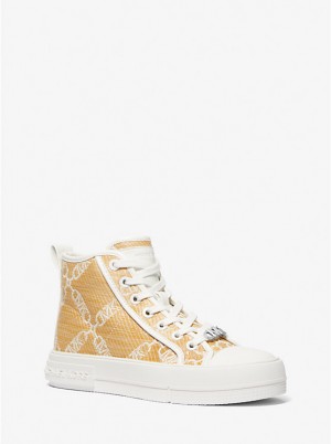 Michael Kors Evy Empire Logo Jacquard Straw High-Top Women Sneakers NAT/OPTICWHT | USAAHE1982