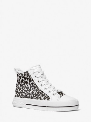 Michael Kors Evy Leopard Print Calf Hair High-Top Women Sneakers BLACK COMBO | USAFDY1985