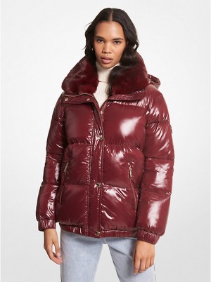 Michael Kors Faux Fur-Trim Quilted Nylon Puffer Women Jacket MERLOT | USAMQG1373