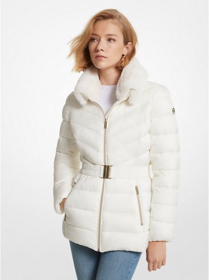 Michael Kors Faux Fur Trim Quilted Nylon Packable Puffer Women Jacket BONE | USAVRS1370