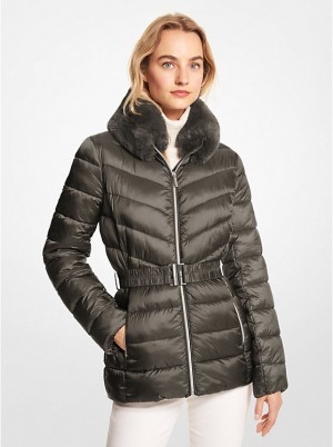 Michael Kors Faux Fur Trim Quilted Nylon Packable Puffer Women Jacket OLIVE COMBO | USABED1371