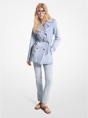 Michael Kors Frayed Denim Trench Coat Women Jacket BLUE HAZE WASH | USACTZ1378