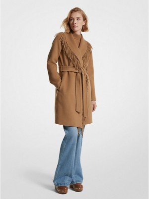 Michael Kors Fringe Wool Blend Belted Coat Women Jacket DARK CAMEL | USAXYX1379