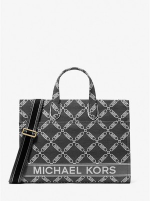 Michael Kors Gigi Large Empire Logo Jacquard Women Tote Bag BLACK/WHITE | USAOKW1252