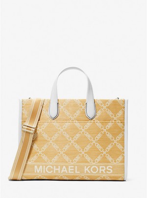 Michael Kors Gigi Large Empire Logo Jacquard Straw Women Tote Bag NAT/OPTICWHT | USAPJE1253