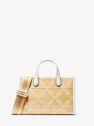 Michael Kors Gigi Small Empire Logo Jacquard Straw Women Messenger Bag NAT/OPTICWHT | USAZUJ1159