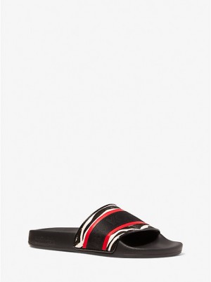 Michael Kors Gilmore Logo Tape and Printed Calf Hair Slide Women Sandals BLACK/CRIMSON | USAWNC1866