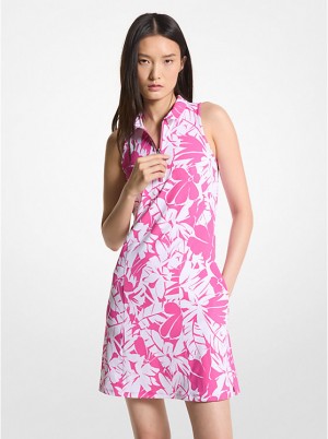 Michael Kors Golf Palm Print Stretch Knit Zip-Up Polo Women Dress CERISE | USAEBX1298