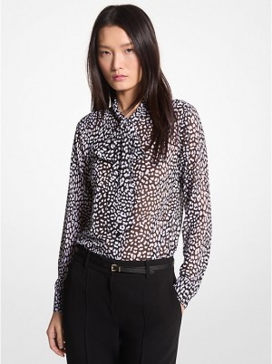 Michael Kors Graphic Leopard Print Georgette Tie-Neck Women Blouse BLACK/WHITE | USAWNF1453