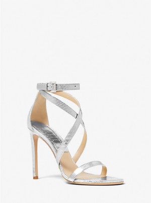 Michael Kors Ingrid Metallic Python Embossed Leather Women Sandals SHINY SILVER | USAPJY1877