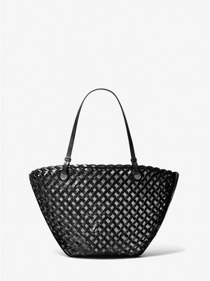 Michael Kors Isabella Medium Hand-Woven Leather Women Tote Bag BLACK | USAFDU1257