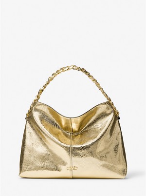 Michael Kors Jordyn Large Metallic Snake Embossed Leather Hobo Women Shoulder Bag PALE GOLD | USANWV1219