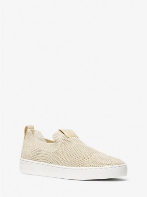 Michael Kors Juno Metallic Stretch Knit Slip-On Women Sneakers PALE GOLD | USANWJ1996