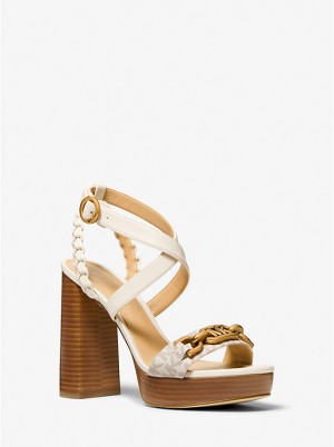 Michael Kors Kailey Embellished Logo and Leather Platform Women Sandals VANILLA | USAVRM1897