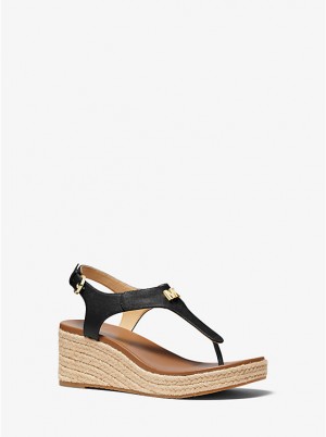 Michael Kors Laney Saffiano Leather Espadrille Wedge Women Sandals BLACK | USADFO1907