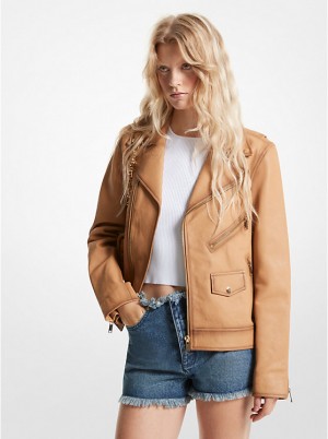 Michael Kors Leather Moto Women Jacket PALE PEANUT | USAKOB1382