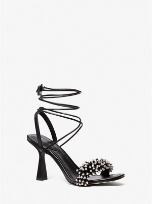 Michael Kors Lucia Embellished Leather Women Sandals BLACK | USARVK1916