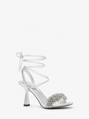 Michael Kors Lucia Embellished Metallic Leather Women Sandals SILVER | USAEBL1917