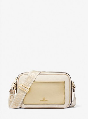 Michael Kors Maeve Large Canvas and Metallic Women Crossbody Bag PALE GOLD/NATURAL | USABEV1111