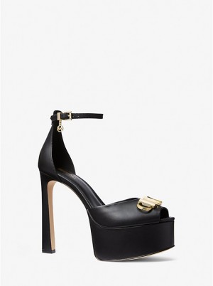 Michael Kors Martina Leather Peep-Toe Platform Pump Women Sandals BLACK | USARVN1923